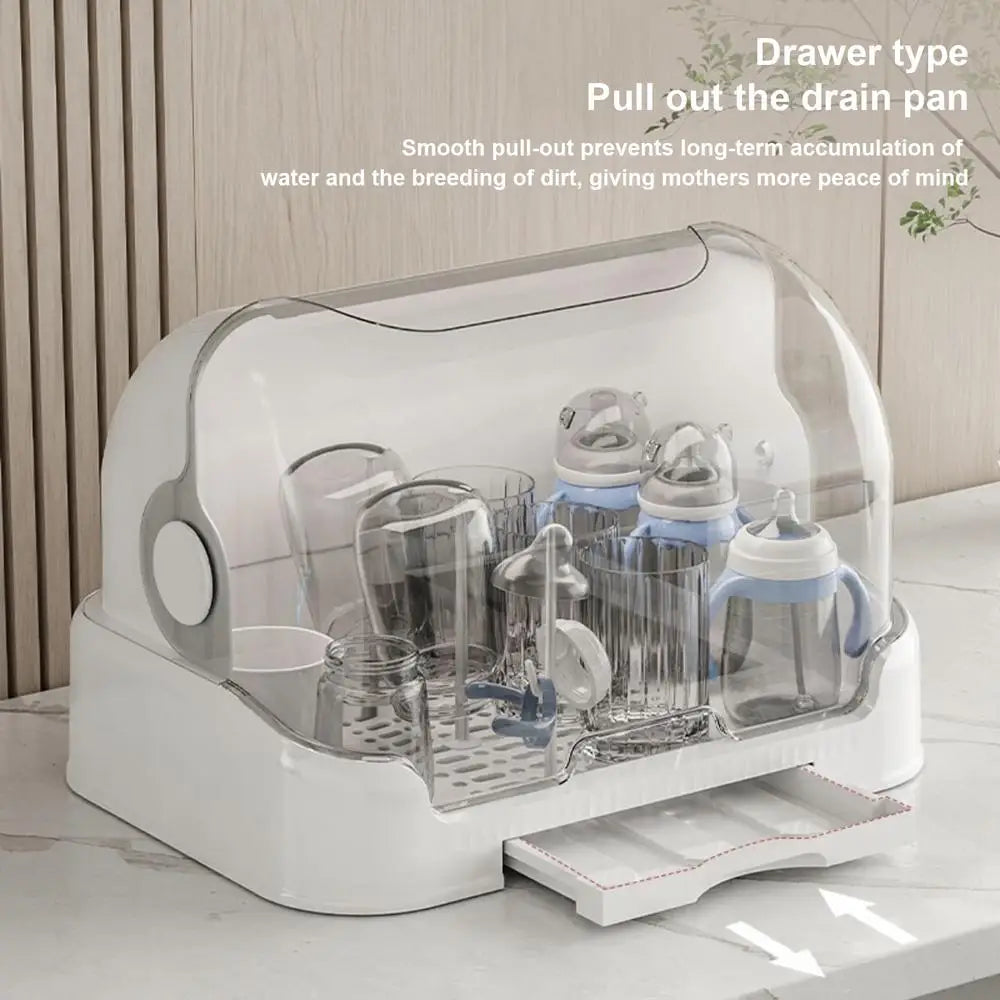 Baby Bottle Drying Rack with Removable Drip Tray Dustproof Bottle Storage Box with Lid Countertop Drying Rack for Toddler Bottle