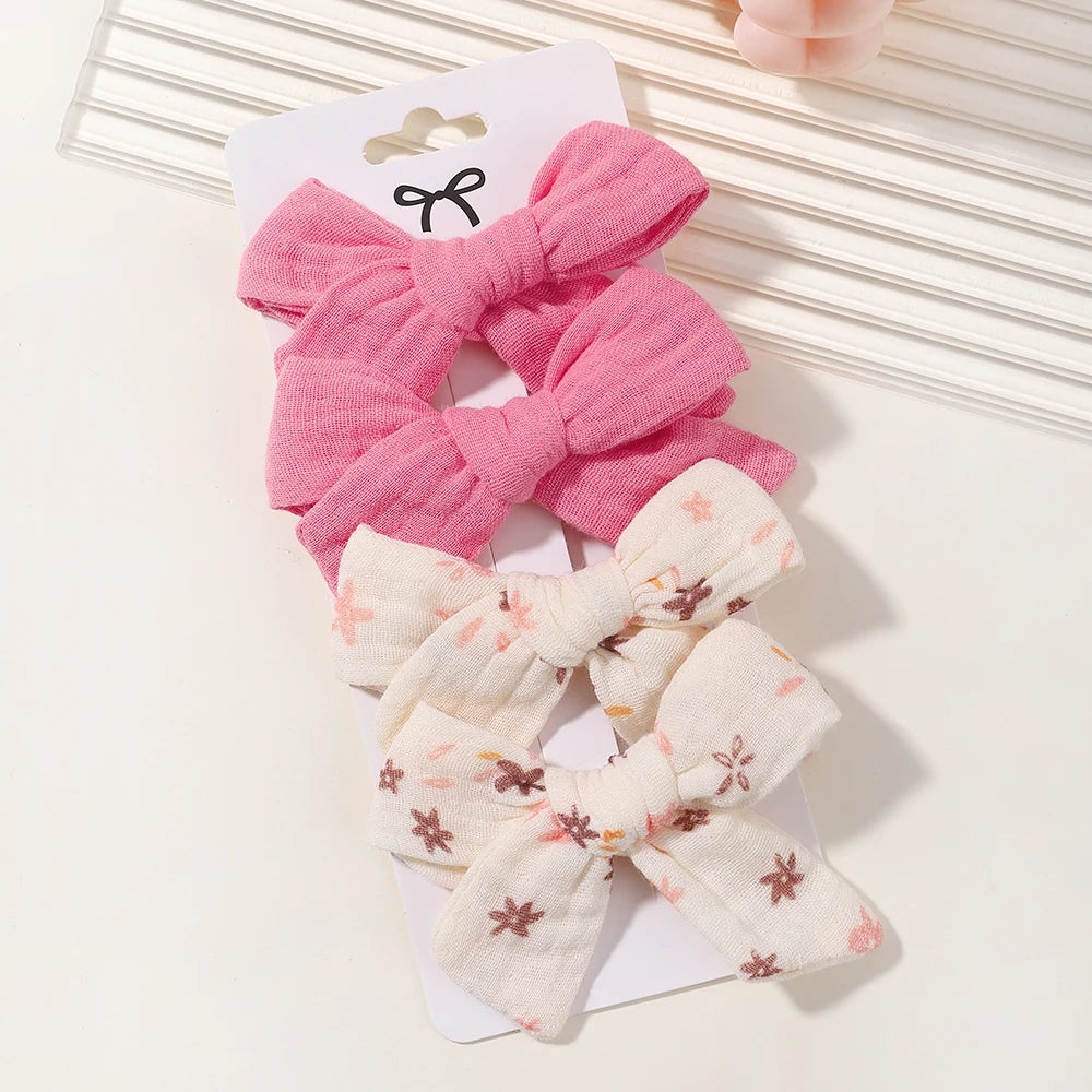 4-Piece Baby Bow Hair Clip Set – Cotton Linen Floral Hairpins