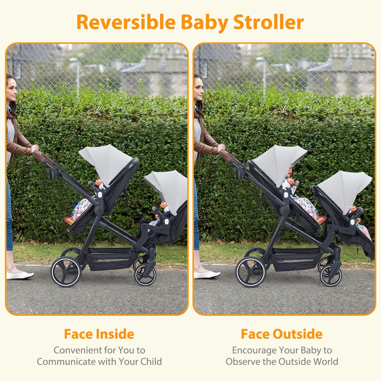 Double Tandem Baby Stroller for Infant & Toddler – Foldable Reversible Pram