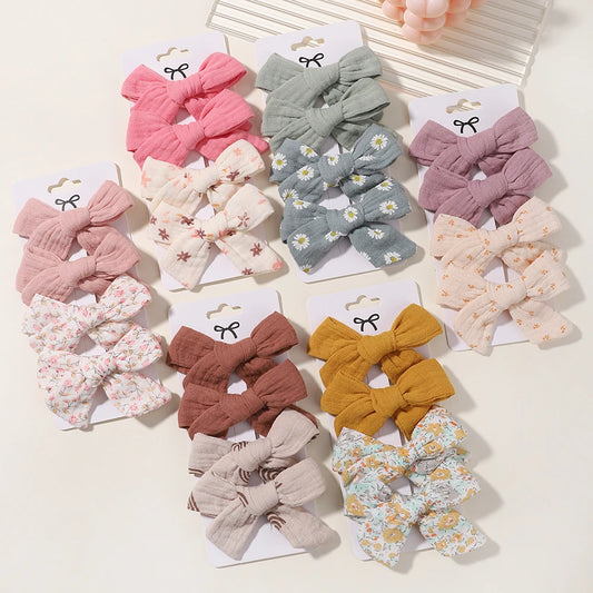 4-Piece Baby Bow Hair Clip Set – Cotton Linen Floral Hairpins