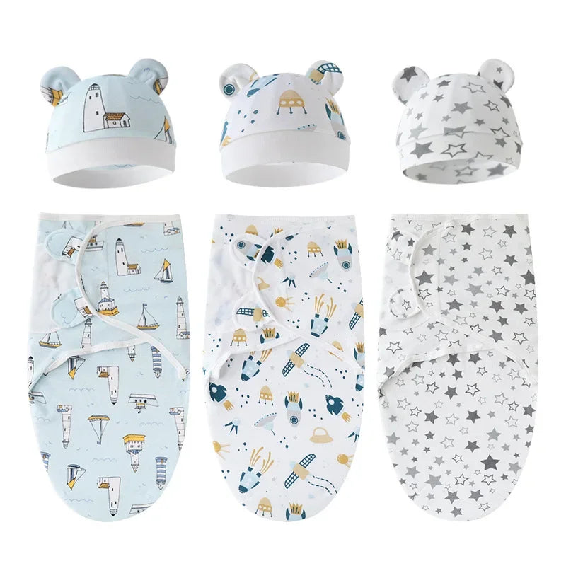 Cartoon Cotton Newborn Swaddle & Hat Set