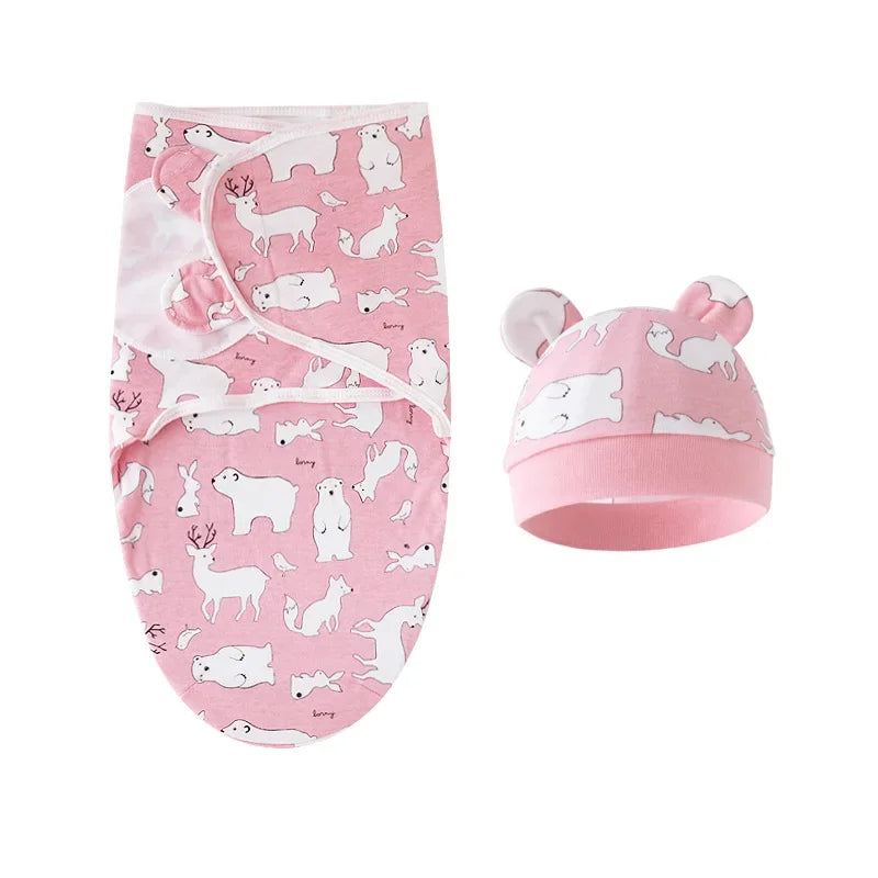 Cartoon Cotton Newborn Swaddle & Hat Set