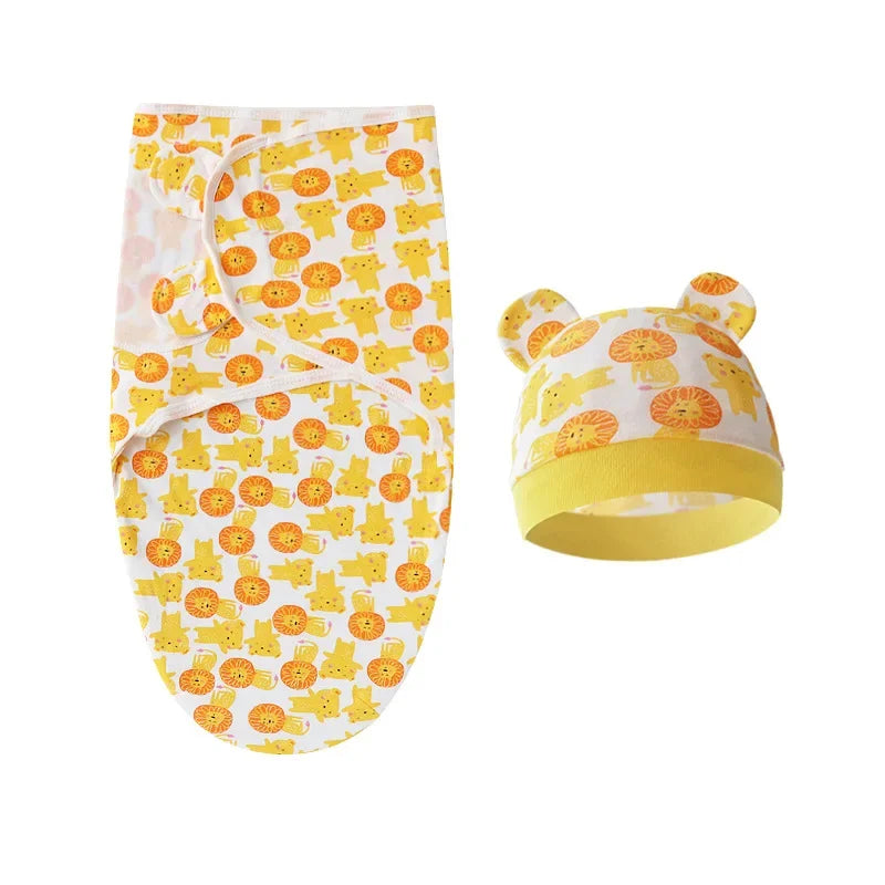 Cartoon Cotton Newborn Swaddle & Hat Set