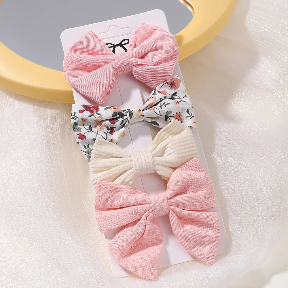 4-Piece Baby Bow Hair Clip Set – Cotton Linen Floral Hairpins