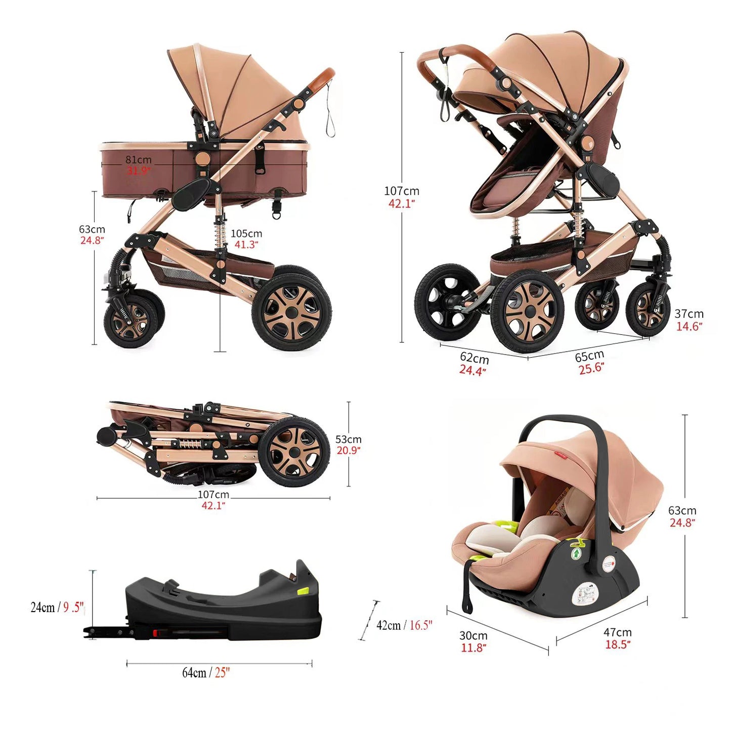 3-in-1 Baby Travel System with ISOFIX Base – Foldable Reversible Newborn Stroller