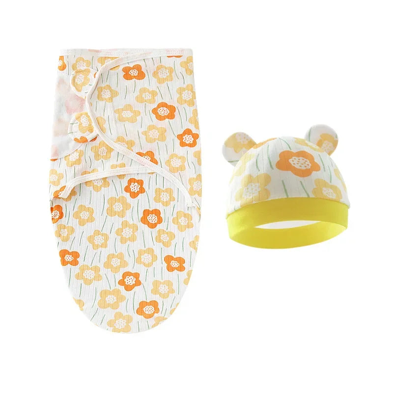 Cartoon Cotton Newborn Swaddle & Hat Set