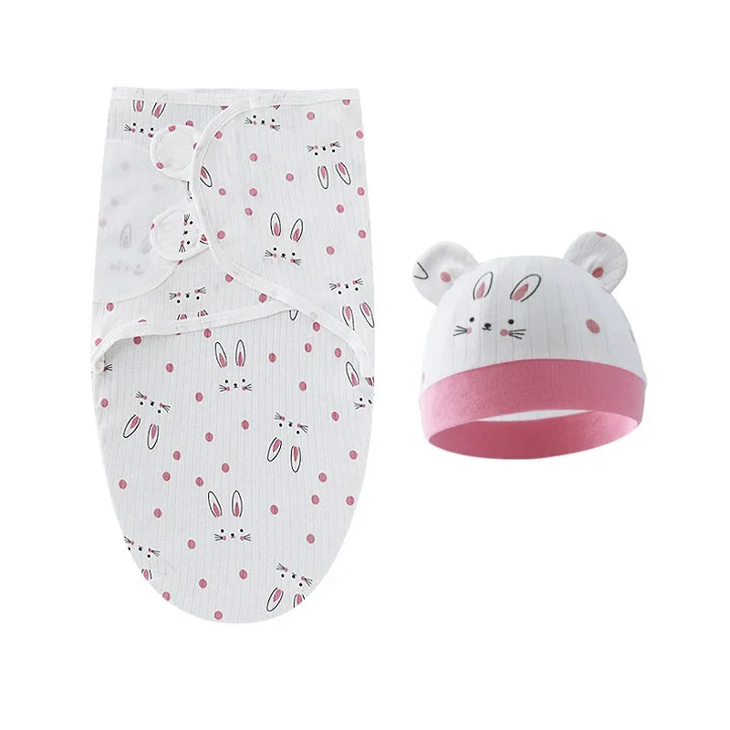 Cartoon Cotton Newborn Swaddle & Hat Set