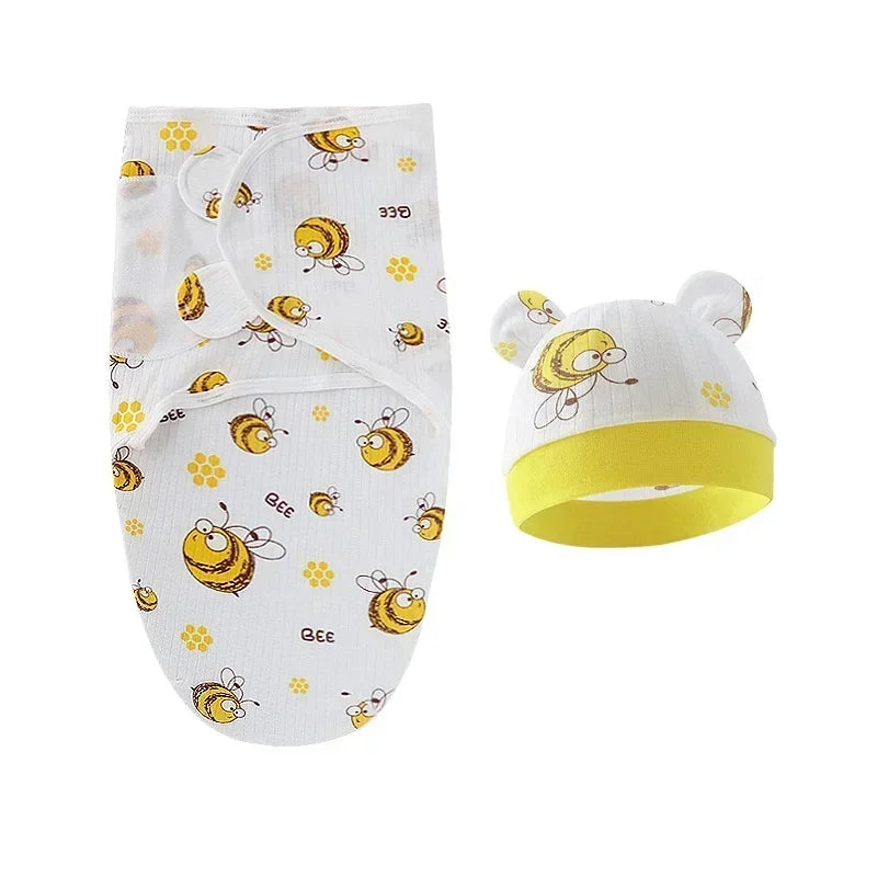 Cartoon Cotton Newborn Swaddle & Hat Set