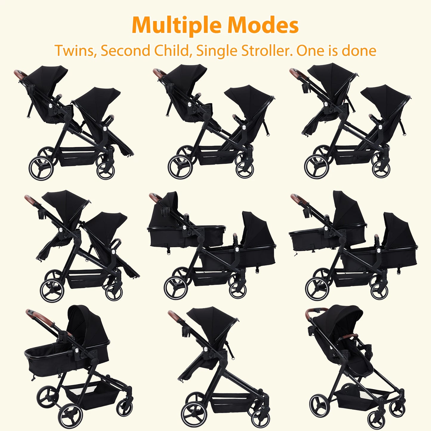 Double Tandem Baby Stroller for Infant & Toddler – Foldable Reversible Pram