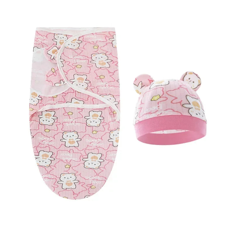 Cartoon Cotton Newborn Swaddle & Hat Set