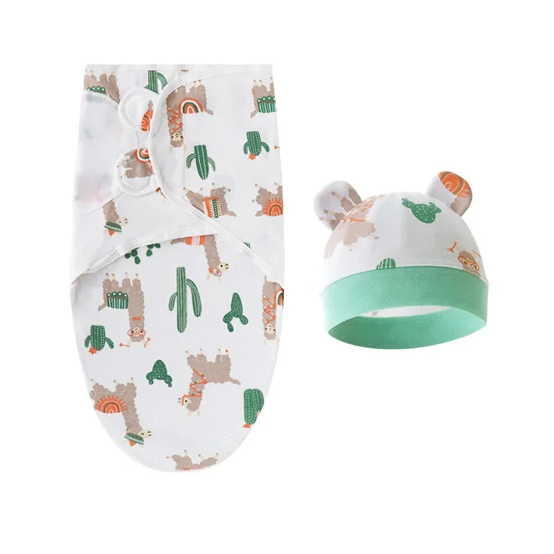 Cartoon Cotton Newborn Swaddle & Hat Set