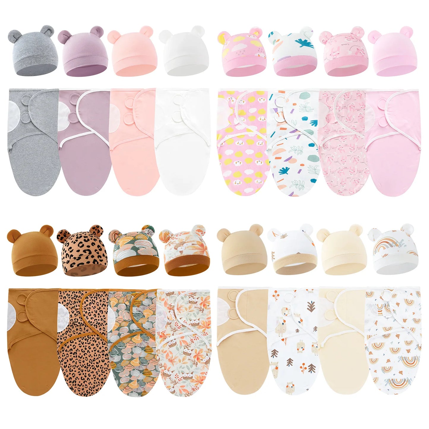 Cartoon Cotton Newborn Swaddle & Hat Set