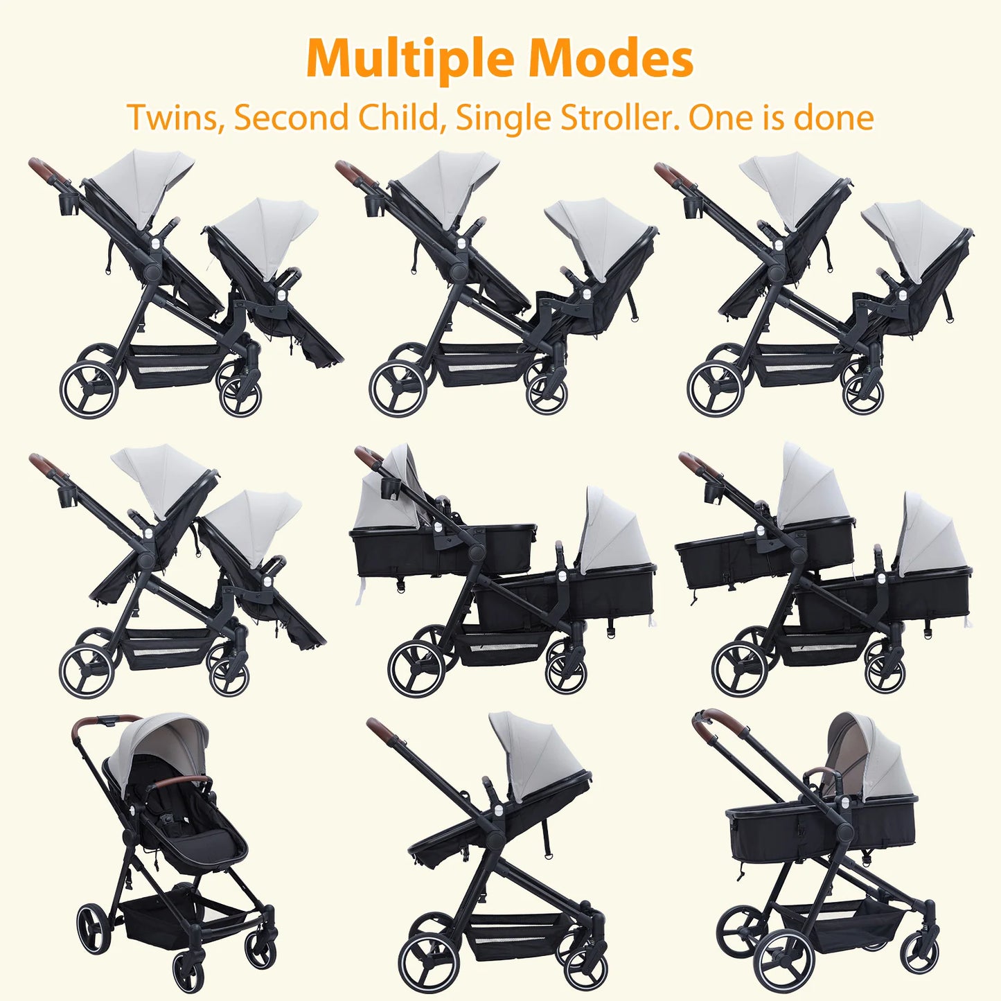 Double Tandem Baby Stroller for Infant & Toddler – Foldable Reversible Pram
