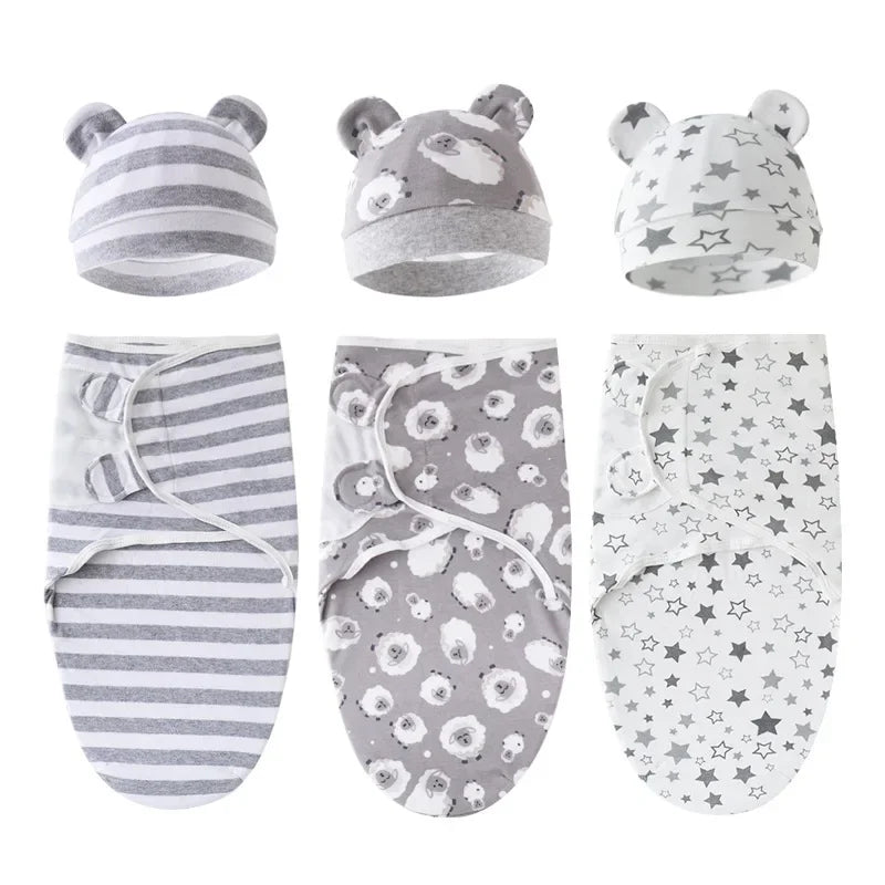 Cartoon Cotton Newborn Swaddle & Hat Set