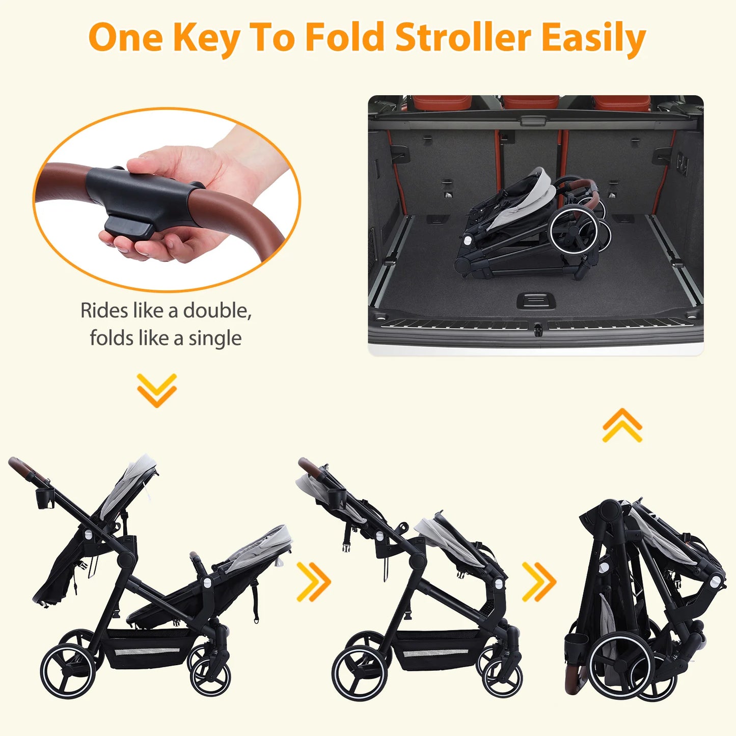 Double Tandem Baby Stroller for Infant & Toddler – Foldable Reversible Pram