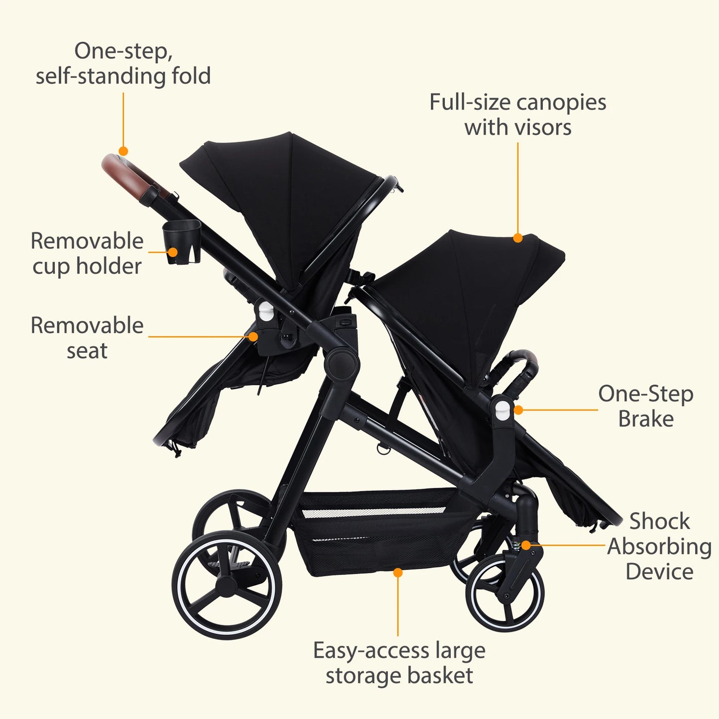Double Tandem Baby Stroller for Infant & Toddler – Foldable Reversible Pram