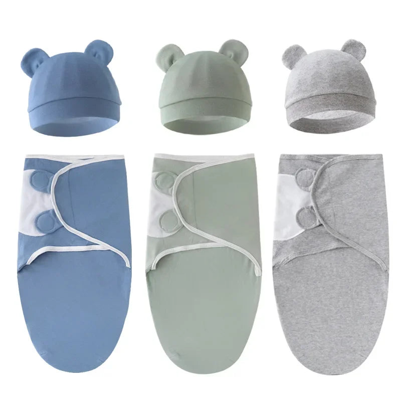 Cartoon Cotton Newborn Swaddle & Hat Set