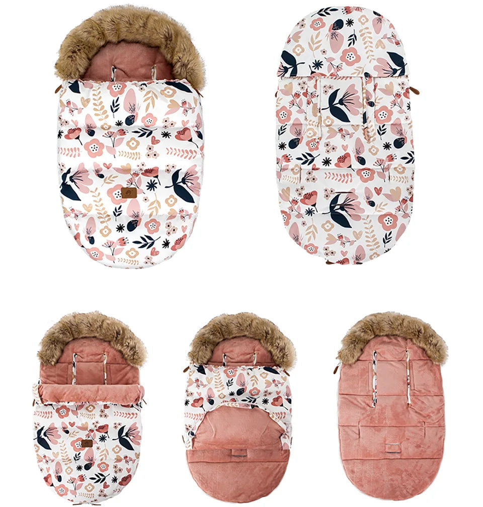Baby sleeping bags with floral patterns and fur hoods on a white background