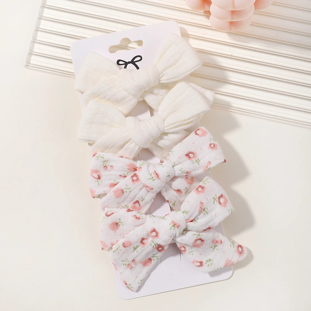 4-Piece Baby Bow Hair Clip Set – Cotton Linen Floral Hairpins