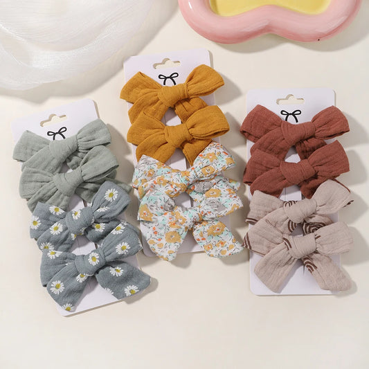 4-Piece Baby Bow Hair Clip Set – Cotton Linen Floral Hairpins