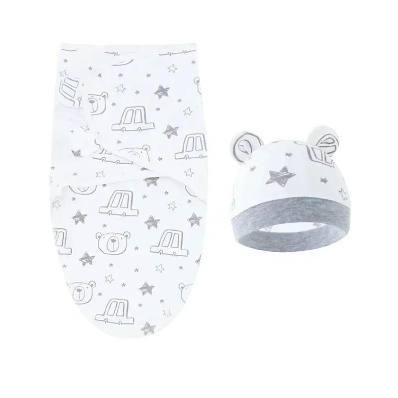 Cartoon Cotton Newborn Swaddle & Hat Set