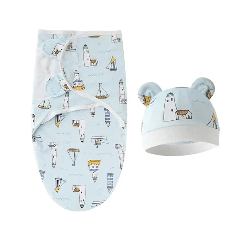 Cartoon Cotton Newborn Swaddle & Hat Set