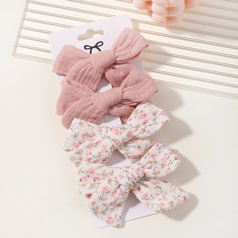 4-Piece Baby Bow Hair Clip Set – Cotton Linen Floral Hairpins