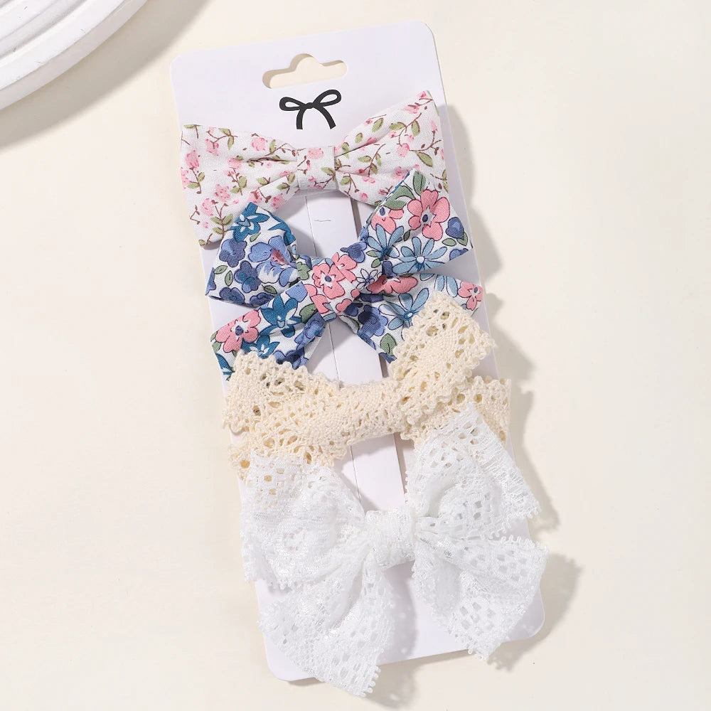 4-Piece Baby Bow Hair Clip Set – Cotton Linen Floral Hairpins
