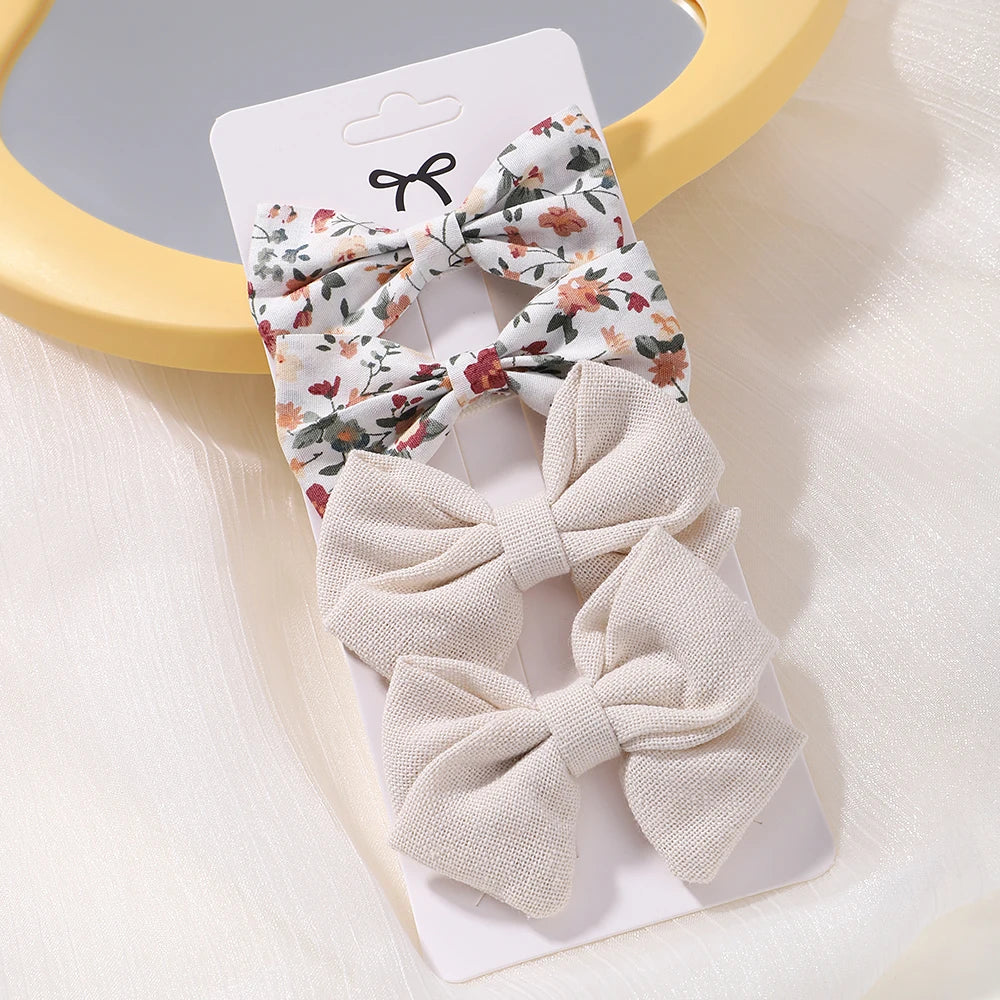 4-Piece Baby Bow Hair Clip Set – Cotton Linen Floral Hairpins