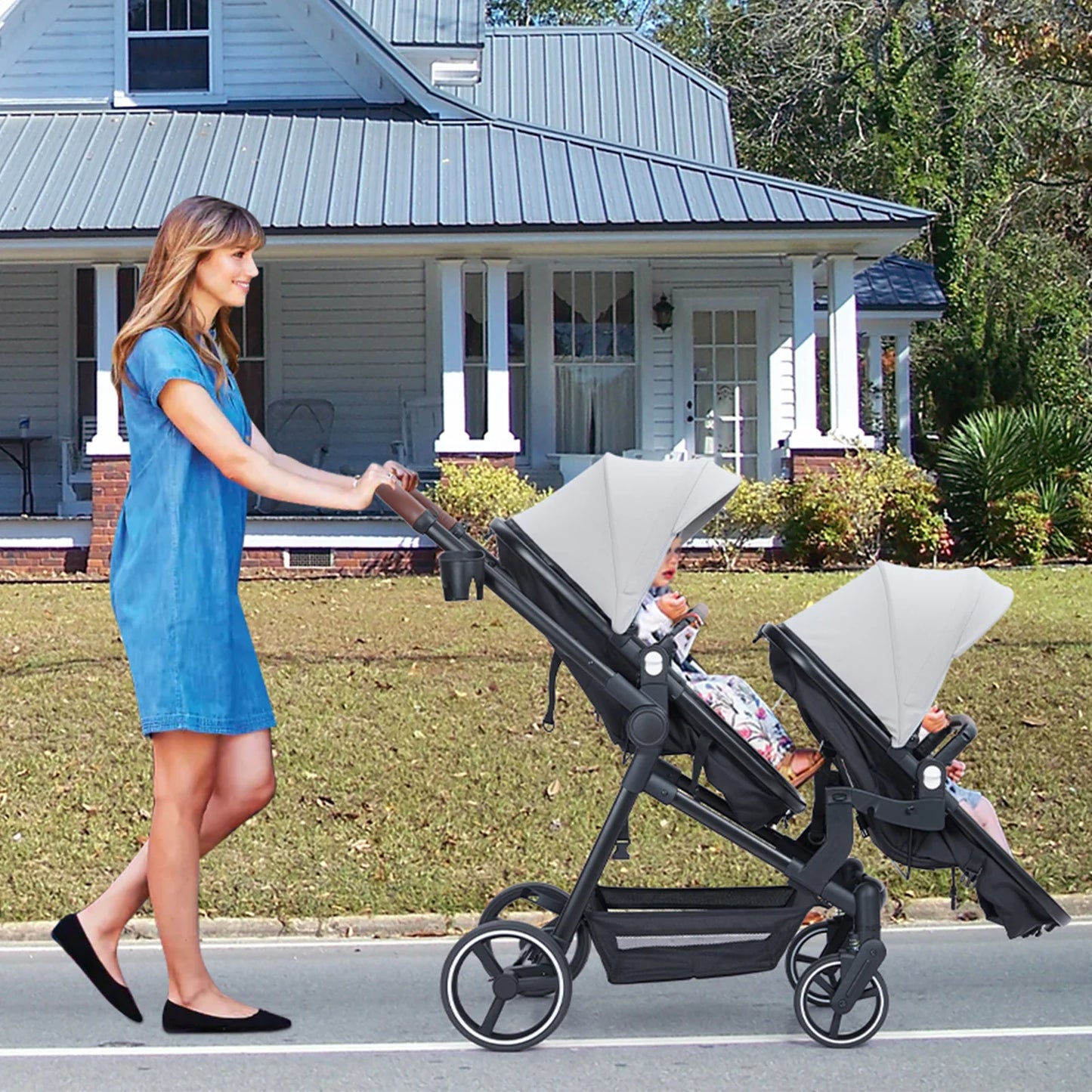 Double Tandem Baby Stroller for Infant & Toddler – Foldable Reversible Pram