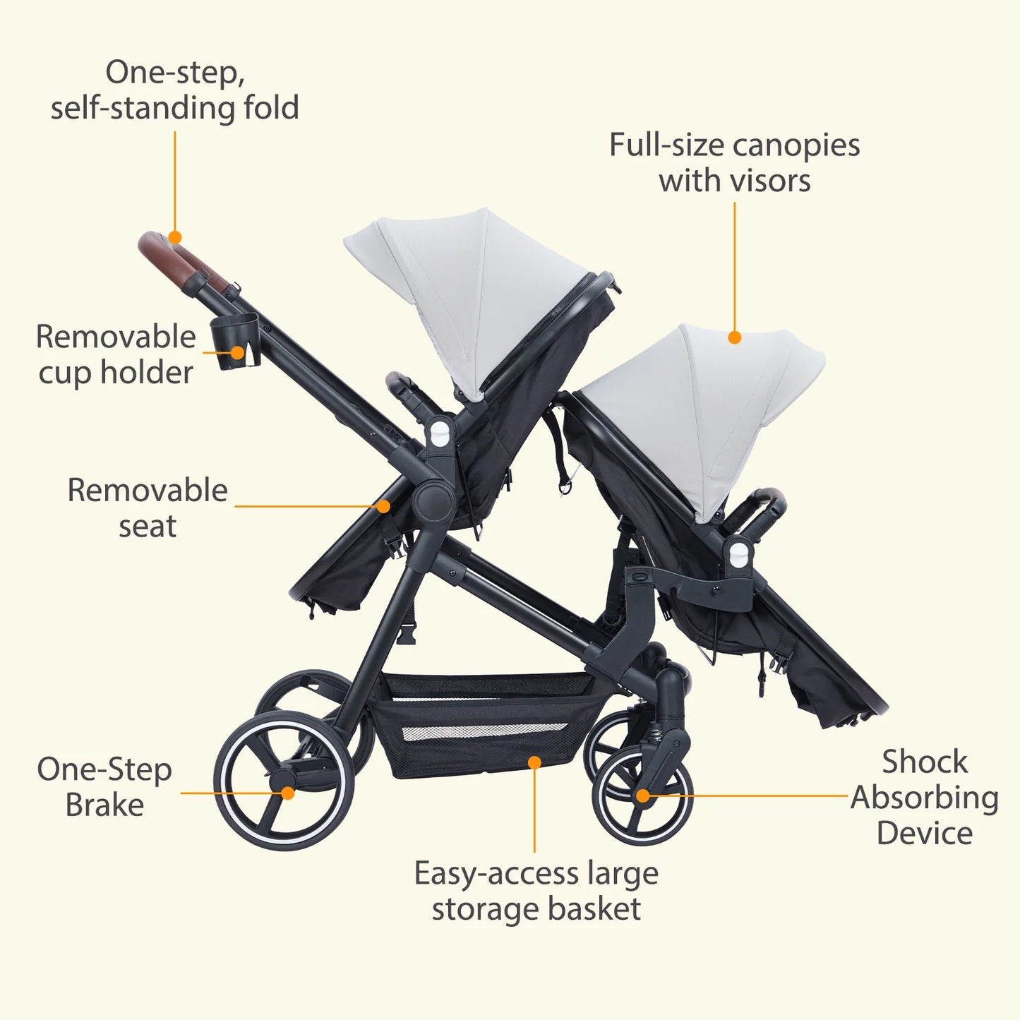 Double Tandem Baby Stroller for Infant & Toddler – Foldable Reversible Pram