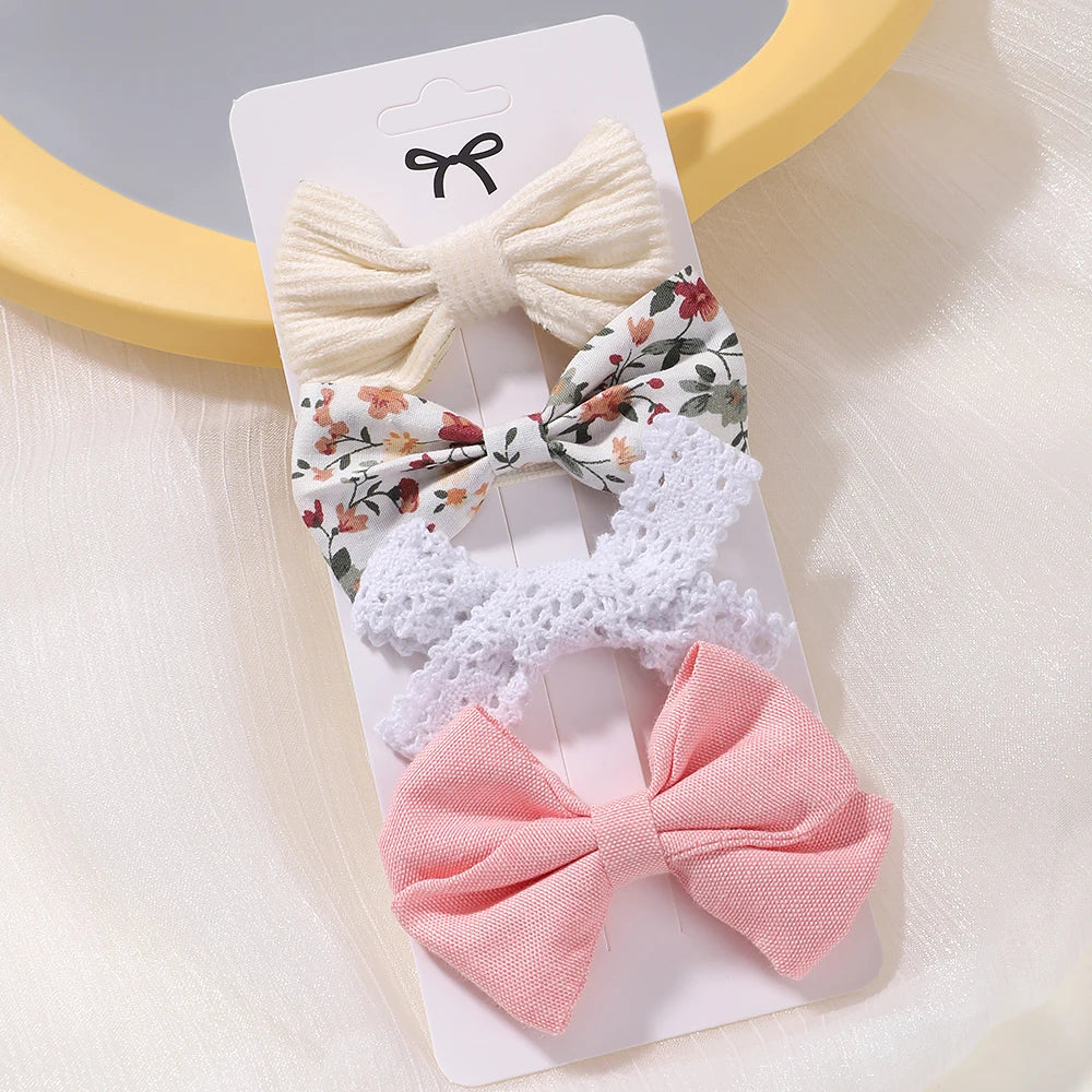 4-Piece Baby Bow Hair Clip Set – Cotton Linen Floral Hairpins