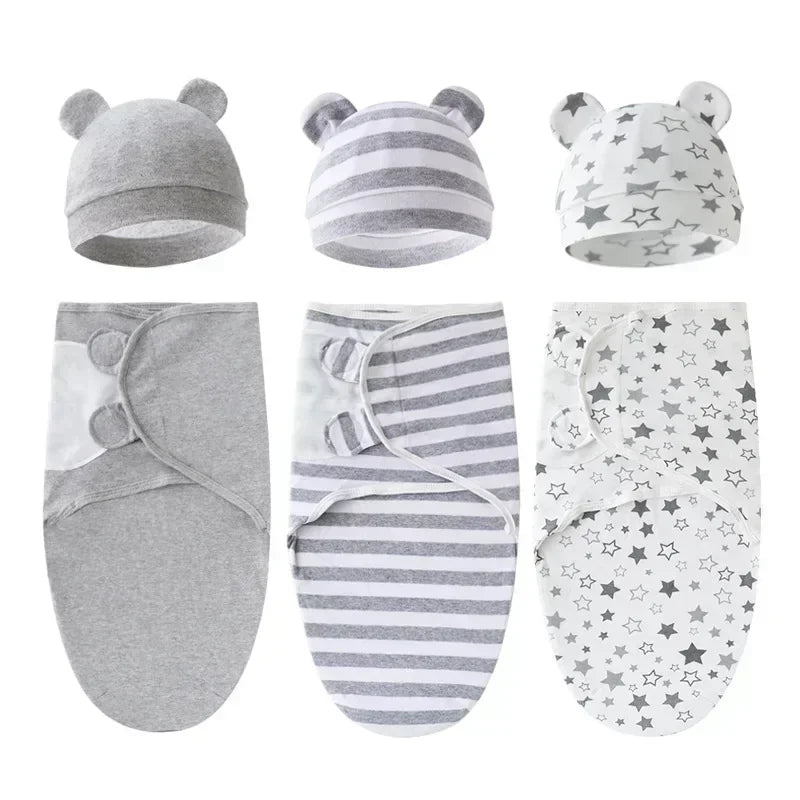 Cartoon Cotton Newborn Swaddle & Hat Set
