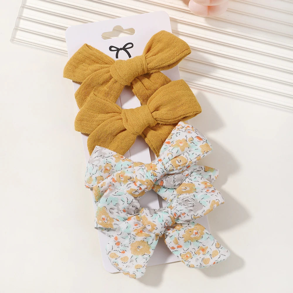 4-Piece Baby Bow Hair Clip Set – Cotton Linen Floral Hairpins