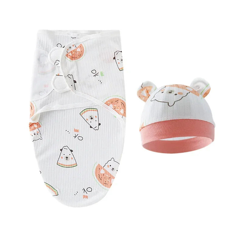 Cartoon Cotton Newborn Swaddle & Hat Set